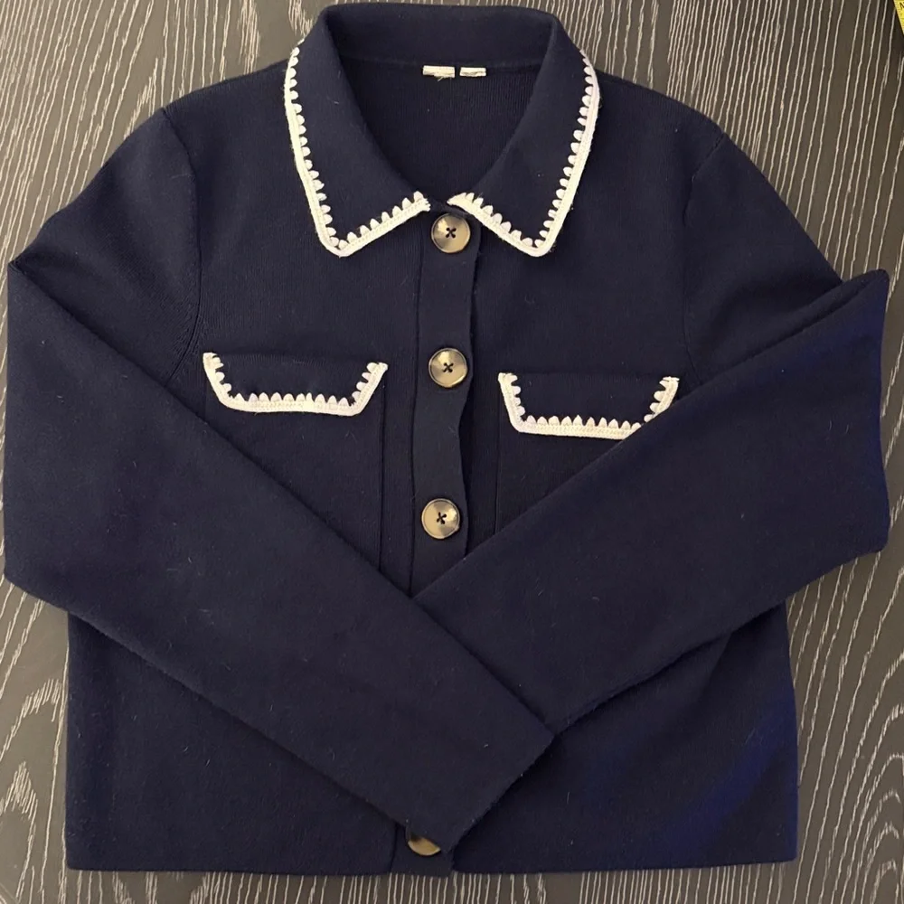 Navy Blue Long Sleeve Collared Button Up Cardigan Sweater Ecru Crochet Trim - Picture 3 of 6